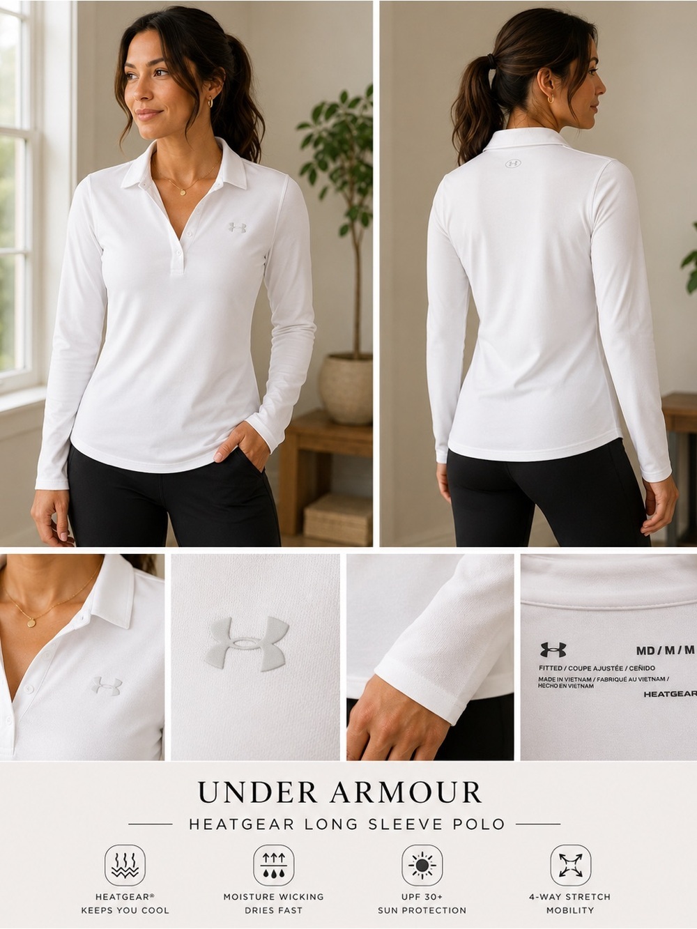 Under Armour Women's White HeatGear Long Sleeve Polo size M